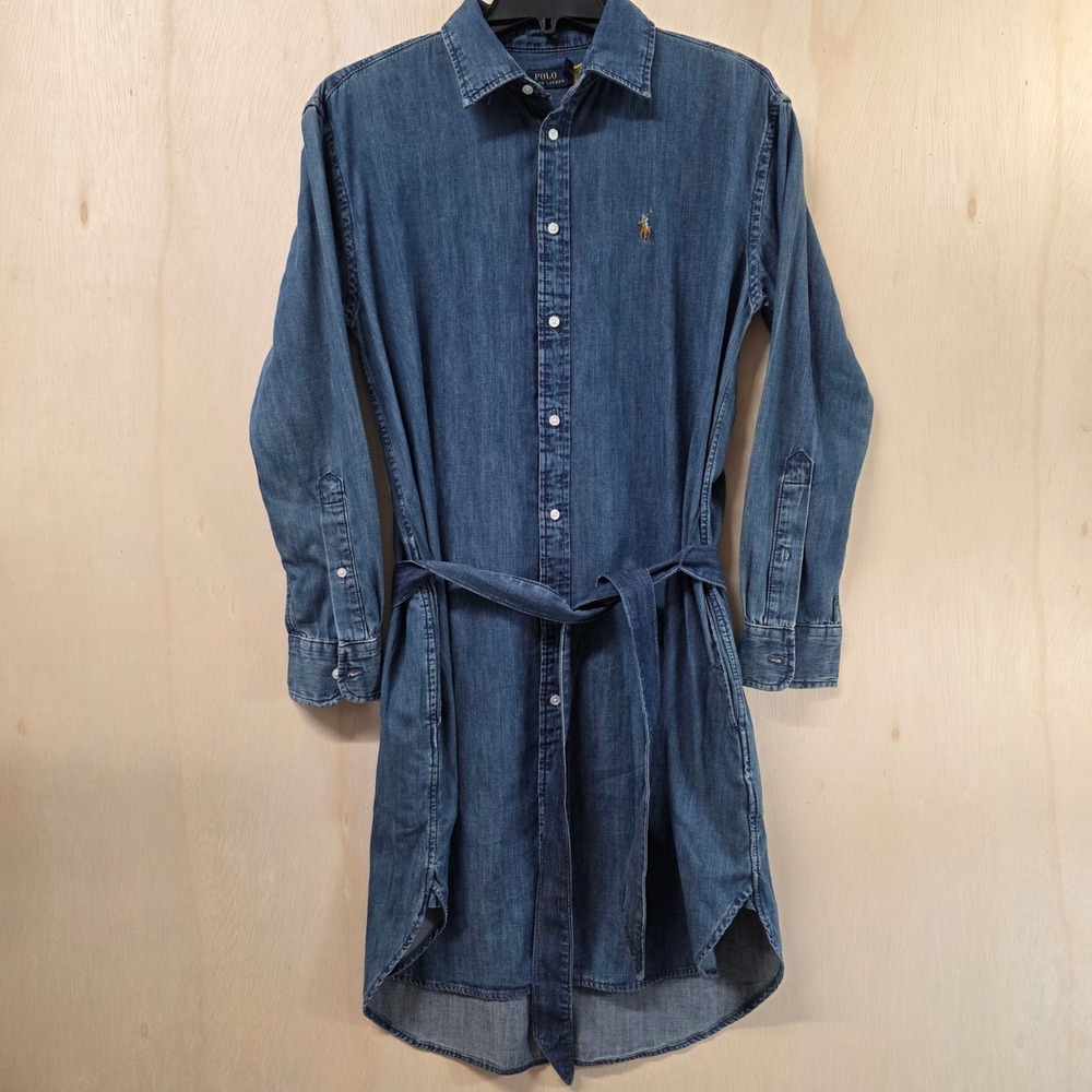 Polo Ralph Lauren Denim Shirt Dress Blue Belted Long Sleeve Midi Size 4 - Picture 13 of 14